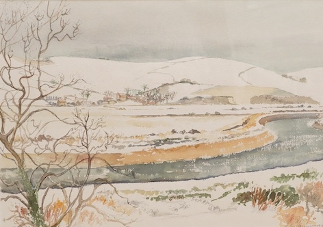 Gillian Simmonds, watercolour, ‘Snow across the river’, signed, 38 x 53cm. Condition - good